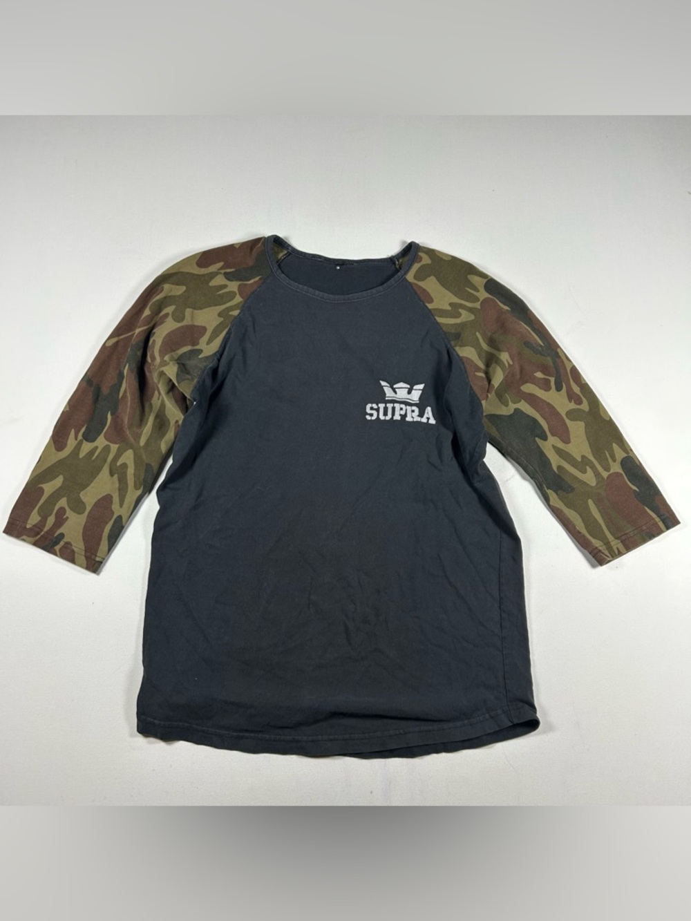 Vintage Y2k Supra Skateboards Shirt Mens M Raglan 3/4 Sleeve Camo Black Miss Tag